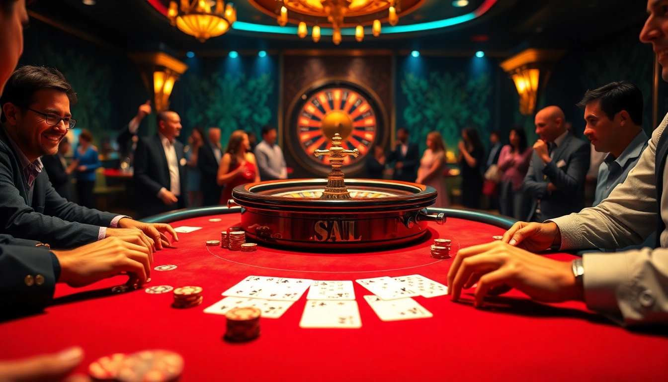 XOSO66 players enjoying a thrilling poker game at an elegant casino table with a roulette wheel in the background.