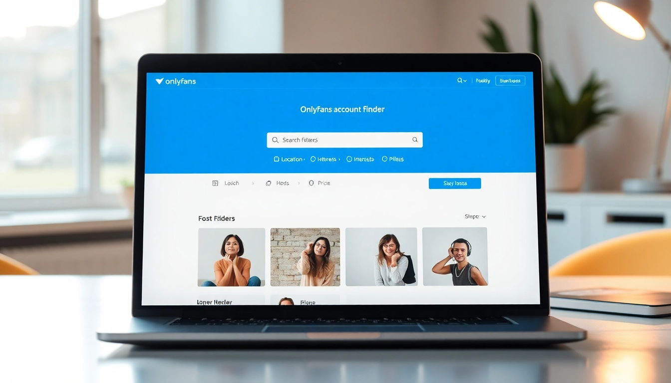 OnlyFans account finder interface displayed on a modern laptop, showcasing user-friendly search options and engaging thumbnails.