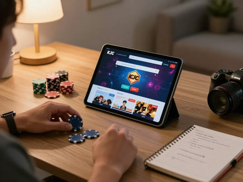 KJC players engage in online casino gameplay while strategizing in a cozy home setup