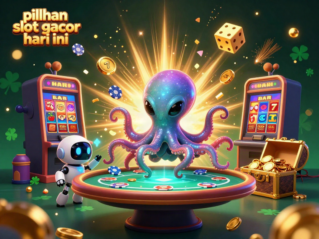 Ilustrasi 3D pilihan slot gacor hari ini dengan karakter alien dan mesin slot jackpot yang memukau.