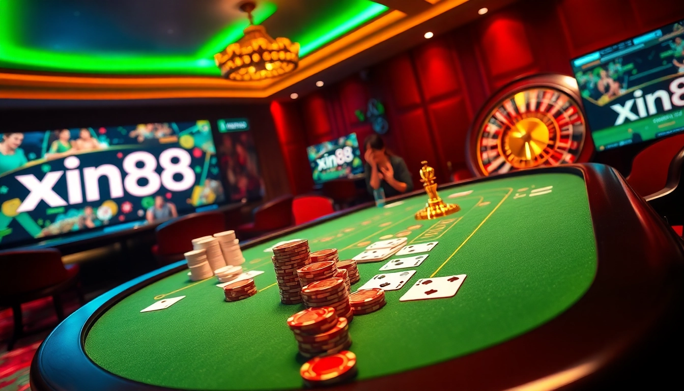 Exciting casino scene with xin88 logo on digital screens, showcasing poker, roulette, and vibrant players.