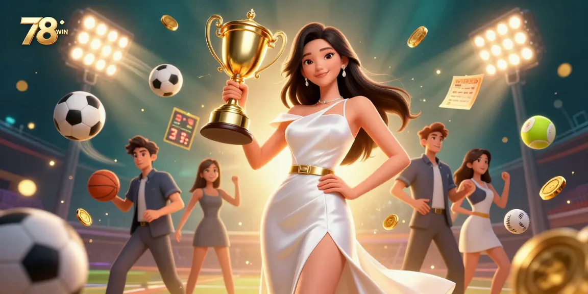 Experience the excitement of 78WIN with thrilling sports betting elements and a triumphant female figure.