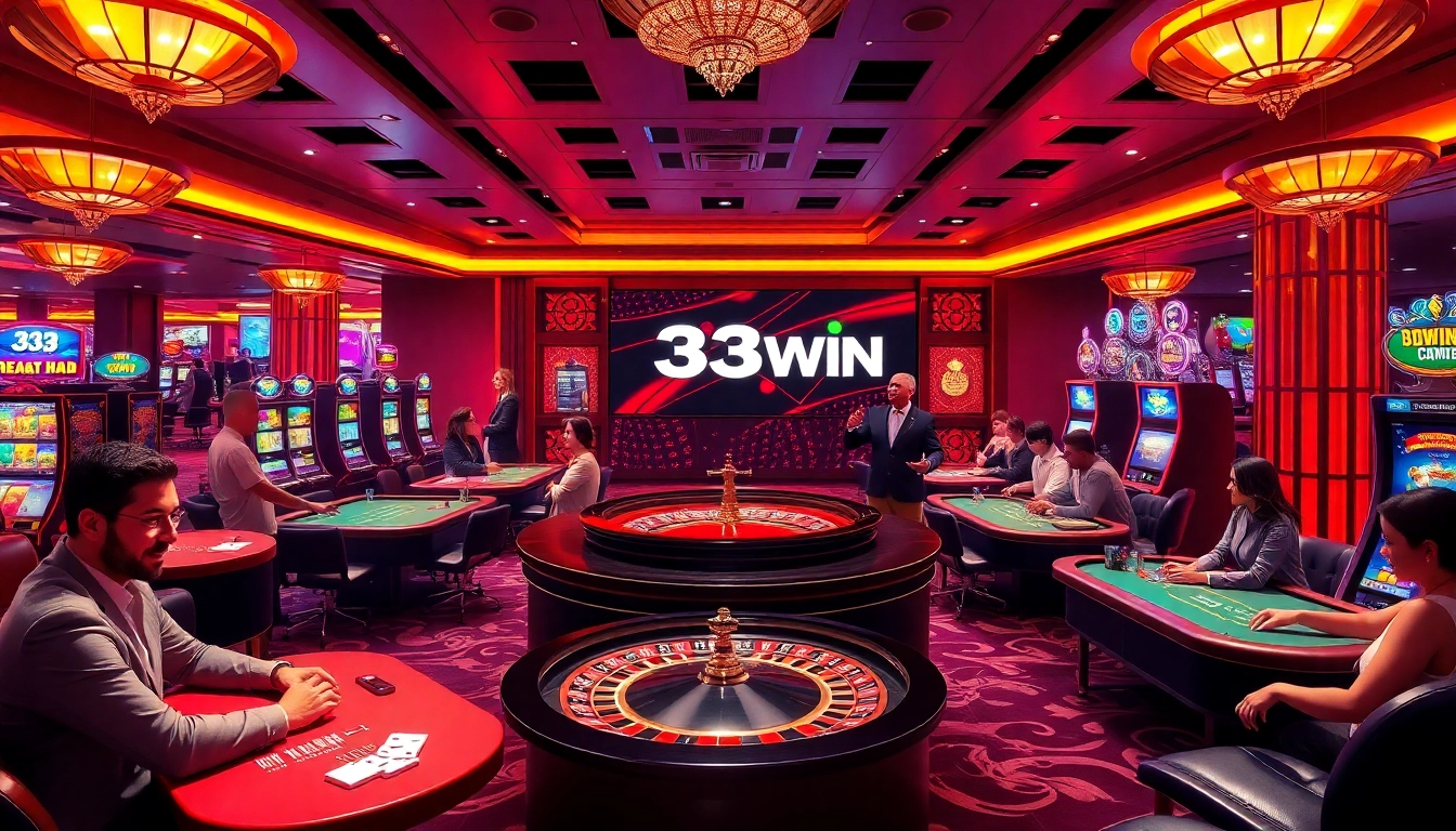 Exciting casino scene showcasing 33WIN with players at poker tables and a roulette wheel.