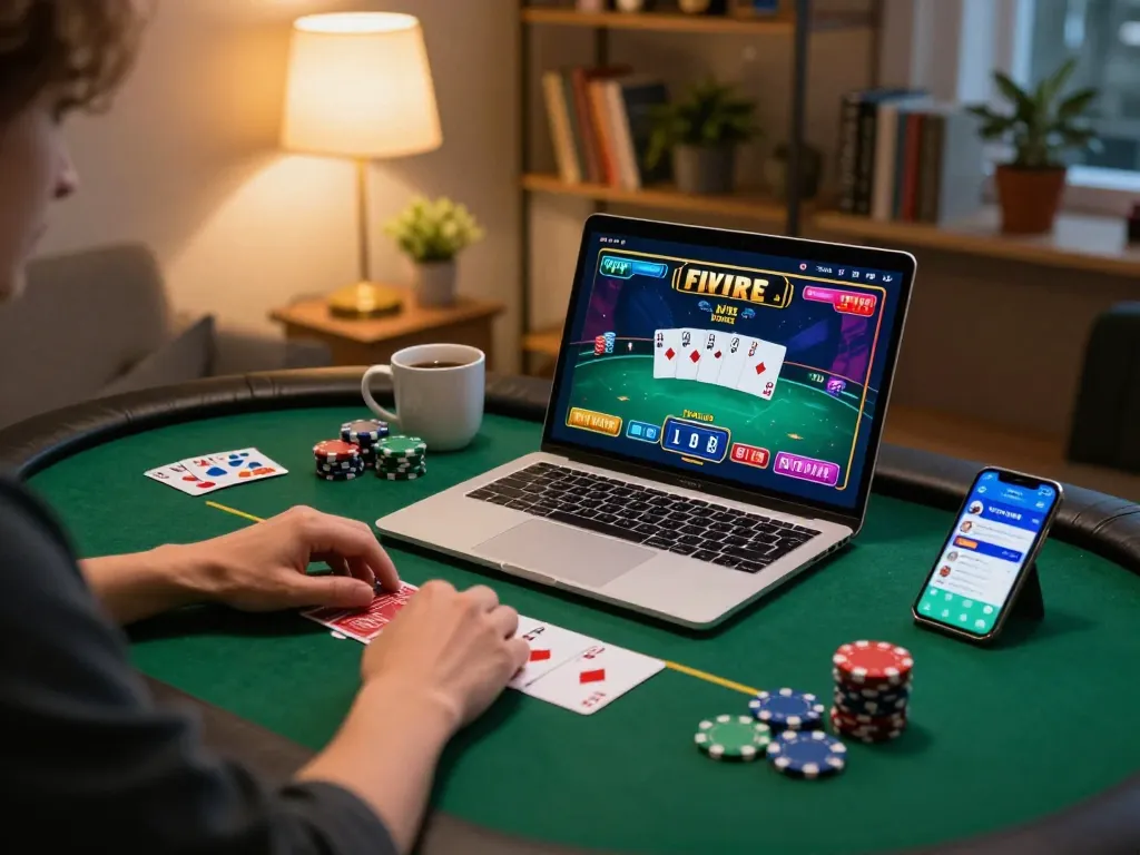 Player strategizing a winning poker hand on laptop during online gaming session, keyword 5679 integrated.