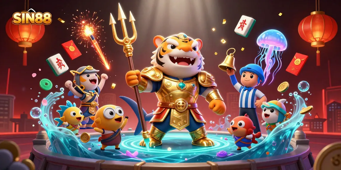 SIN88 showcases a fierce tiger shark in gladiator armor amid an underwater casino arena.