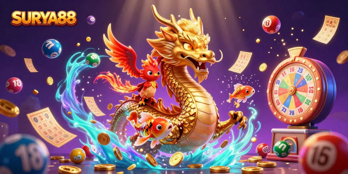SURYA88 brings excitement with a fierce dragon, phoenix, and koi fish amidst vibrant gambling elements.