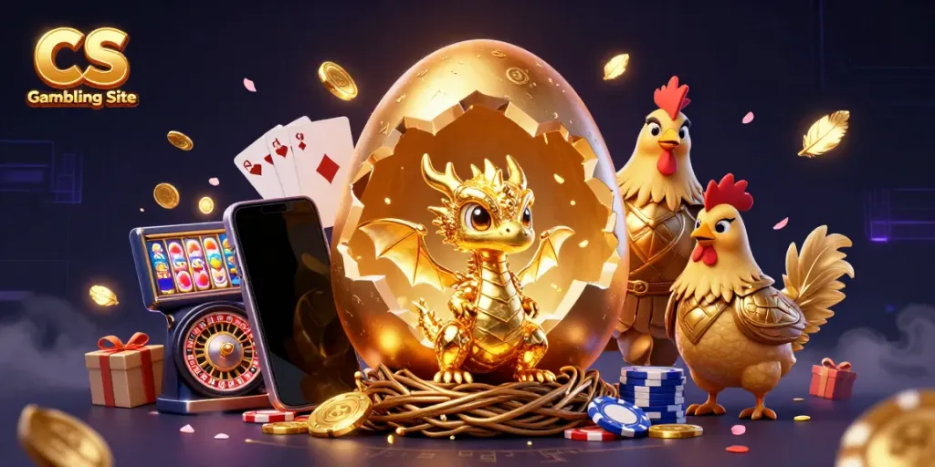Dynamic scene featuring a baby dragon and golden hen representing a CS Gambling Site, surrounded by casino elements.