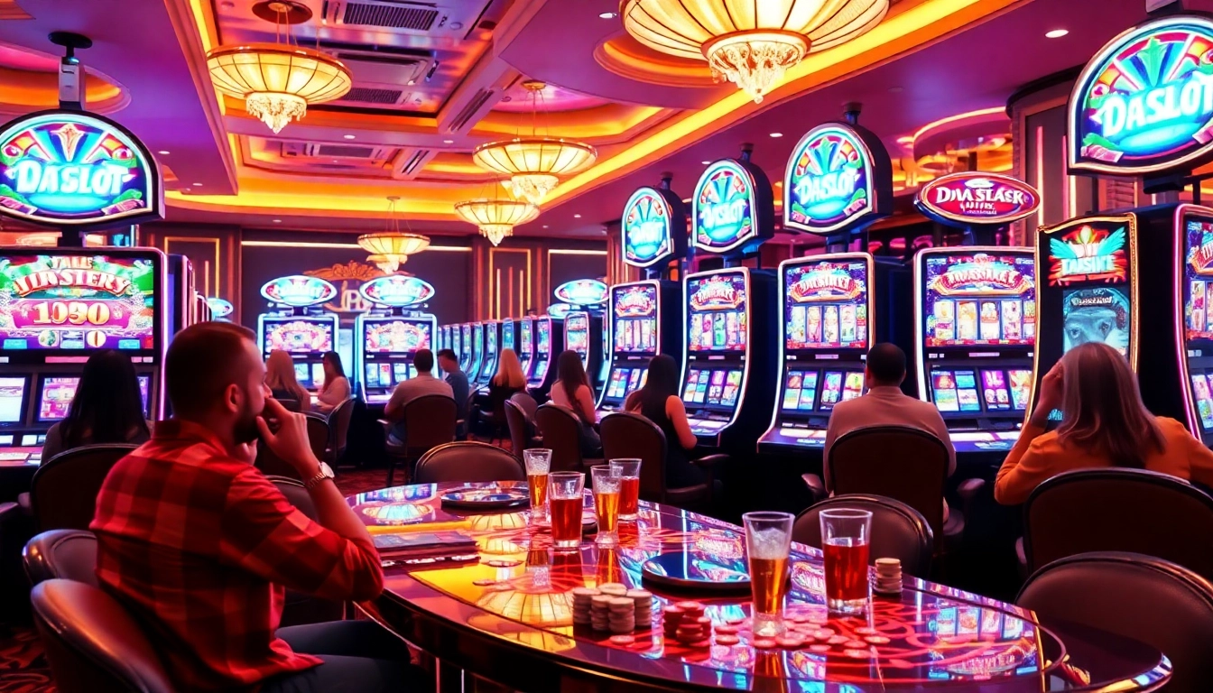 Exciting scene at a casino with players enjoying the doaslot slot game amidst vibrant lighting and luxurious decor.