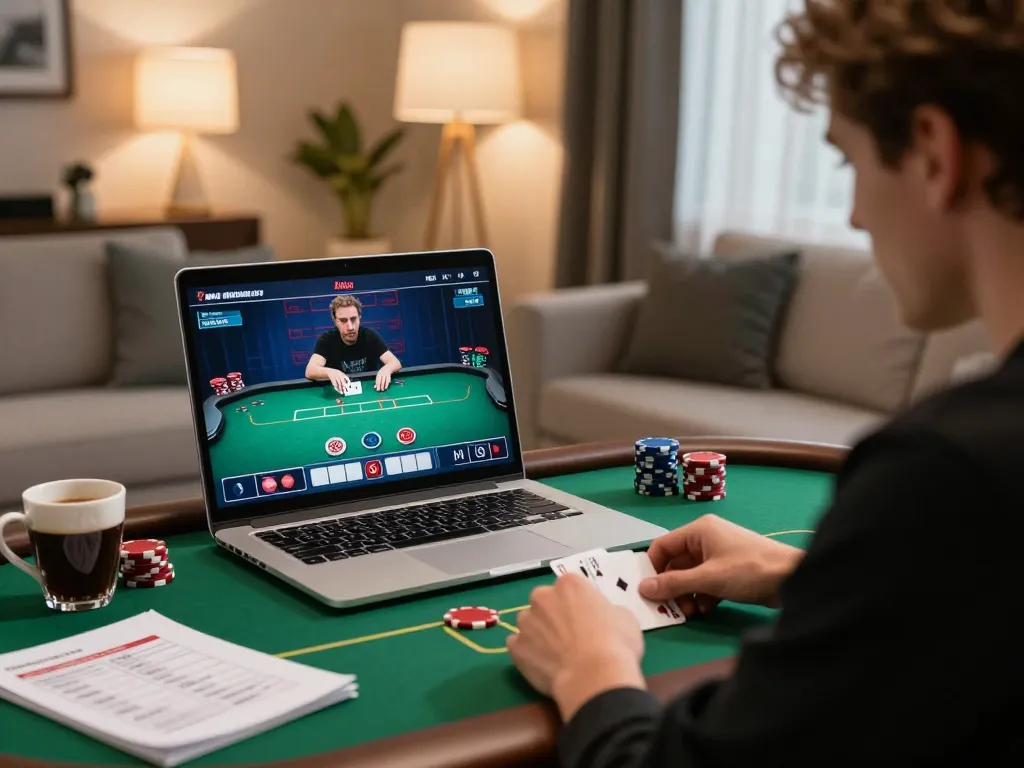 tr88 player engaged in online poker game strategy in a cozy home setting