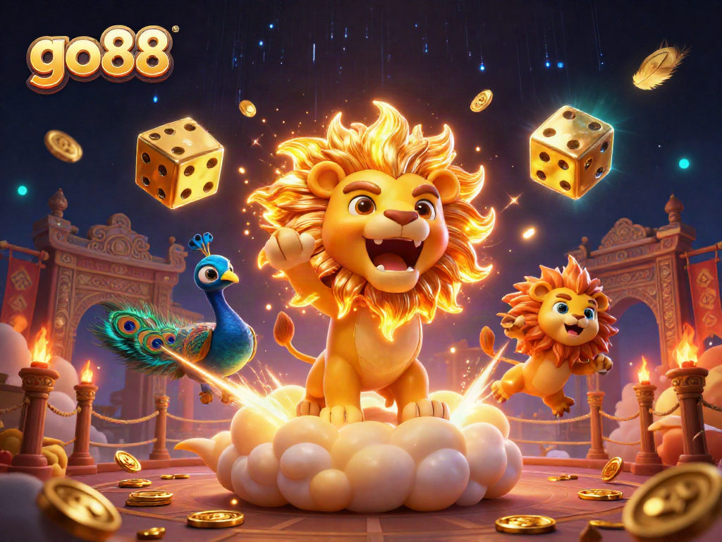 Engage with go88 casino excitement featuring a lion and golden dice in a vibrant 3D illustrated scene.