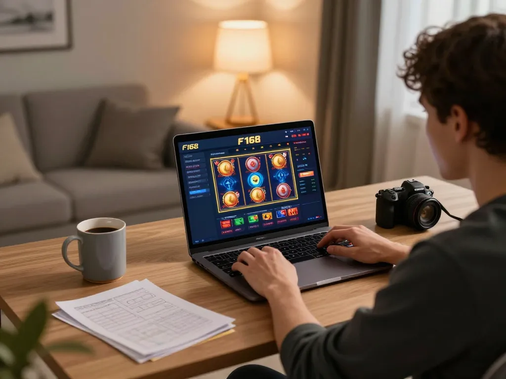 Player enjoying engaging slot games on F168 online casino from a cozy home setup