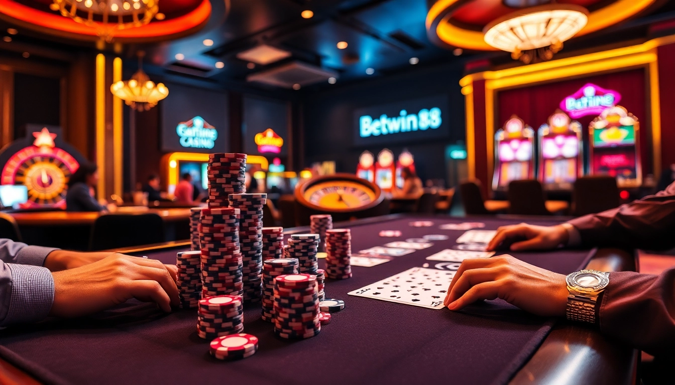 Players engaging at a poker table in a luxury casino atmosphere at Betwin88.