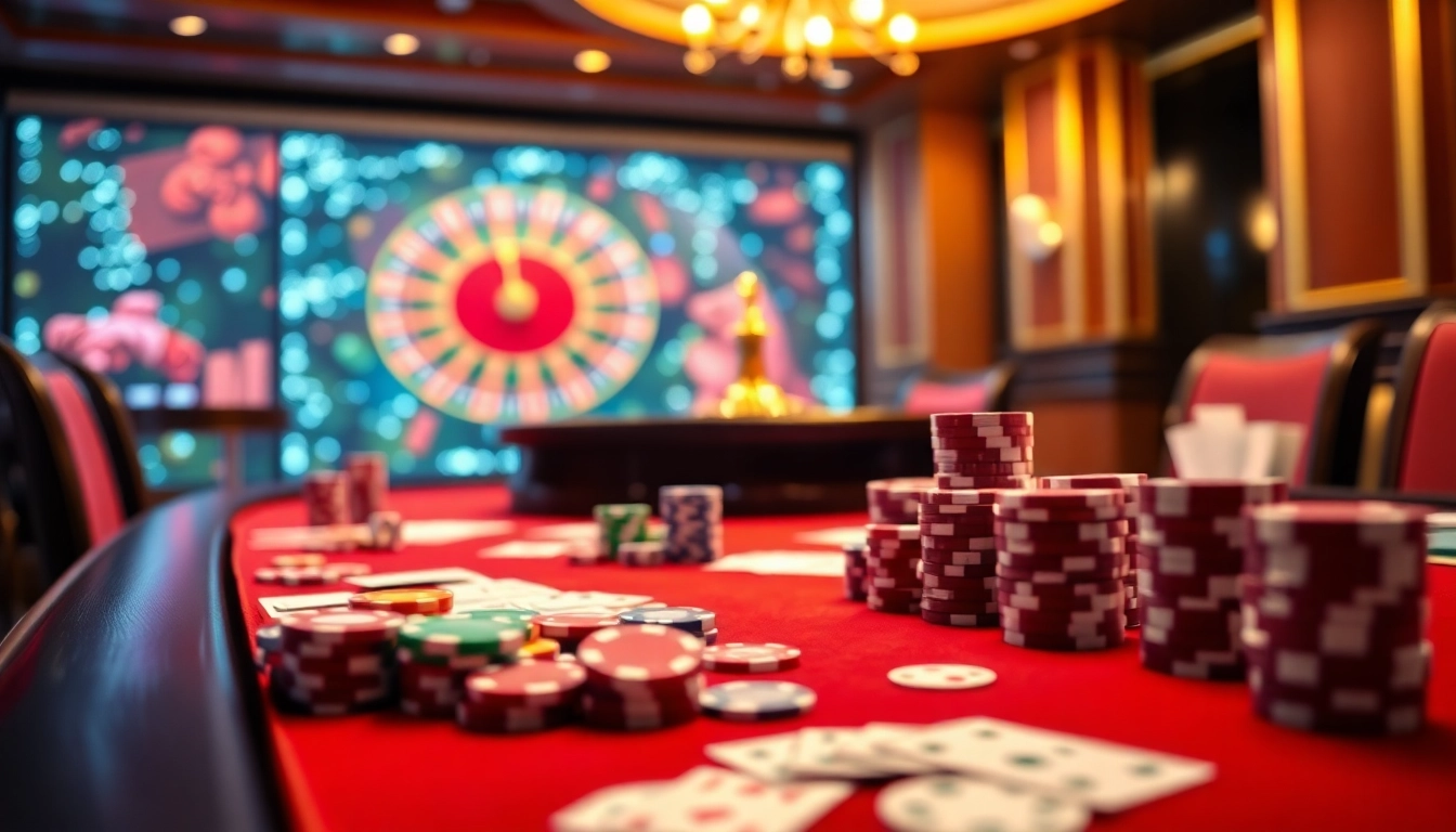 Players enjoy a high-stakes game at the s8 poker table, showcasing vibrant chips and action-packed cards.