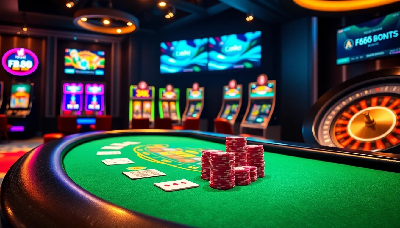 A luxurious game scene at Fb68 casino featuring a blackjack table, slot machines, and a roulette wheel.