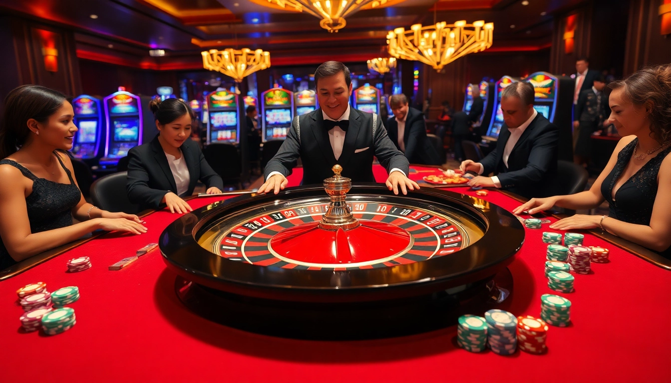 Experience the thrilling atmosphere of rr 88 at a luxurious casino, featuring a vibrant roulette table.