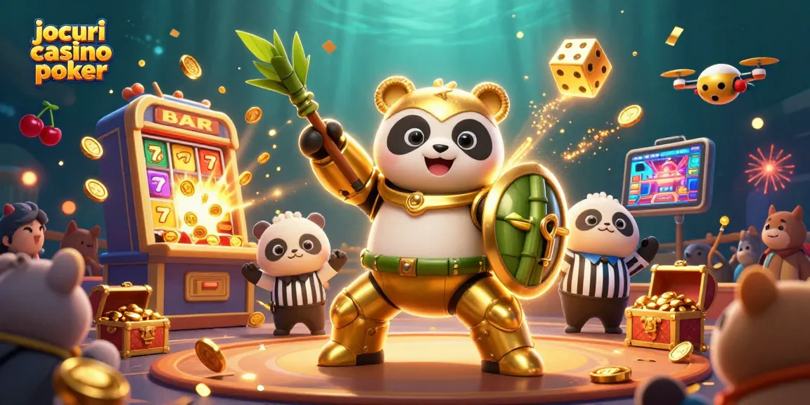 Acțiune captivantă în jocuri casino poker cu panda aurie și robot în arena plină de spectatori.