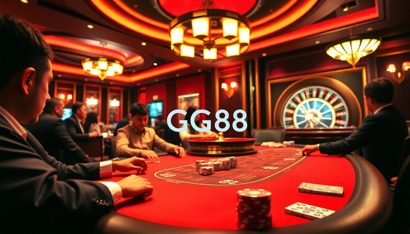 High-stakes poker action at GG88's luxurious casino table with chips and players.