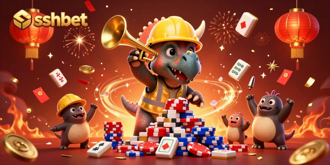 Cheer on sshbet with playful dinosaurs celebrating a casino gambling win, surrounded by festive elements.
