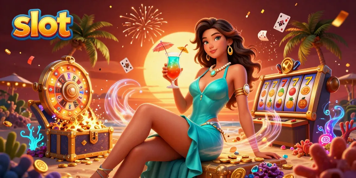 Spin and win at the slot game with vibrant graphics and golden prizes in a tropical casino setting