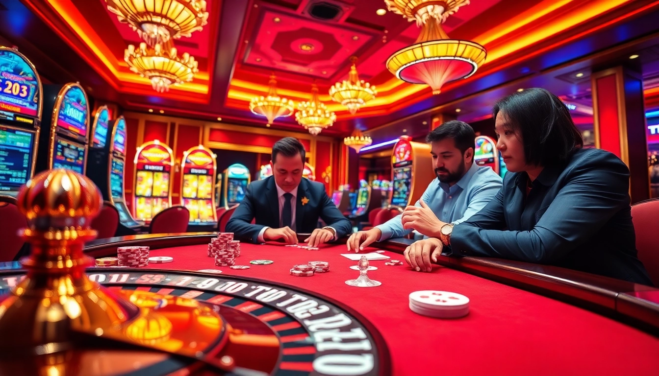 Professional players enjoying an immersive TR88 poker experience in a luxurious casino.