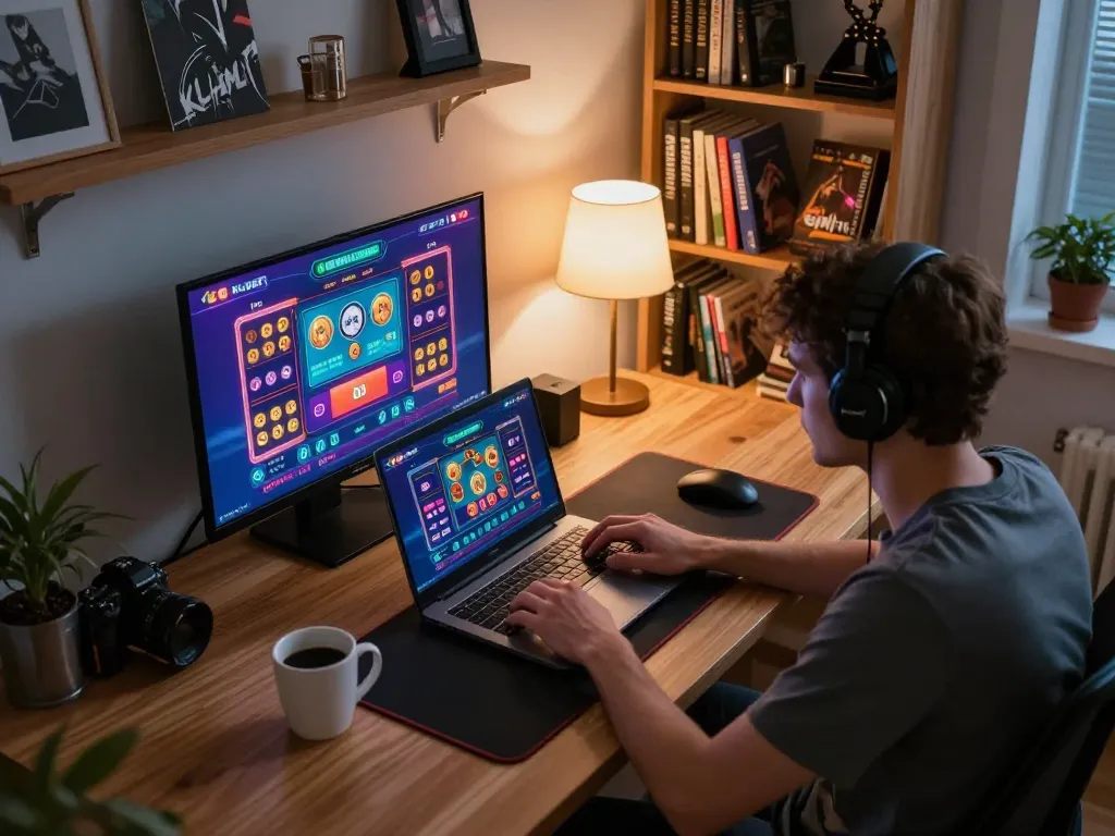 Engaging online kubet casino scene with player focused on gaming strategy during a cozy evening