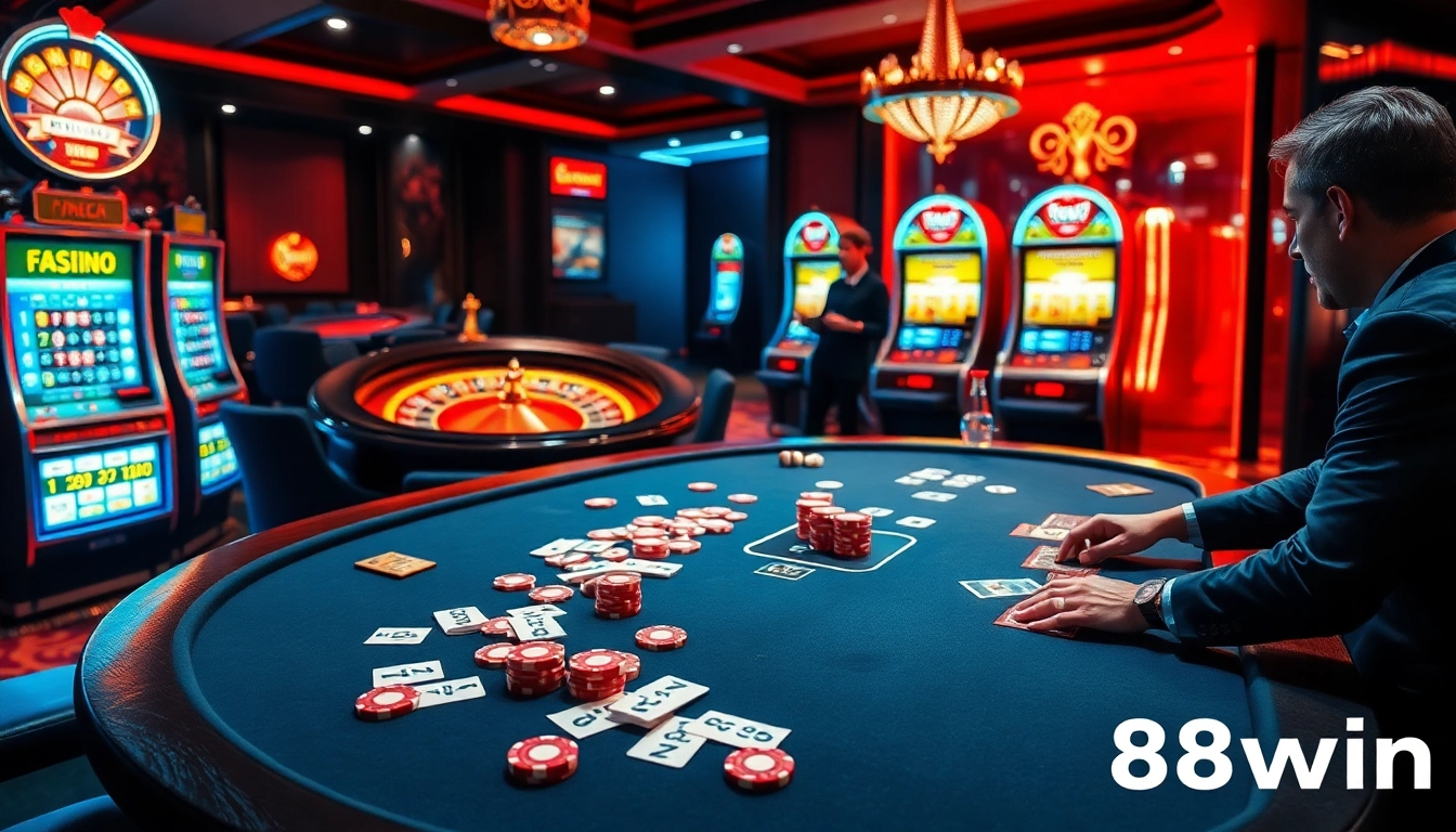 Players engaged in thrilling poker at 58win casino table with vibrant chips and glowing roulette wheel.