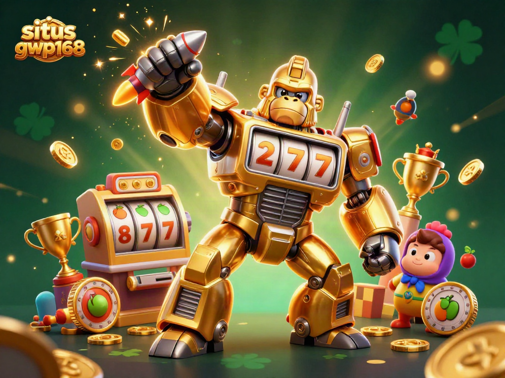 Permainan seru situs gwp168 dengan gorila mech emas yang menampilkan simbol slot dan koin emas bertebaran.