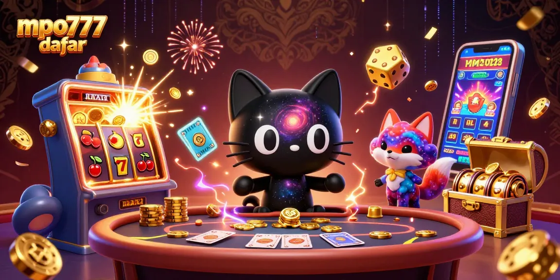 Play casino games at mpo777 daftar with a vibrant cosmic scene featuring a black hole cat and a nebula fox.