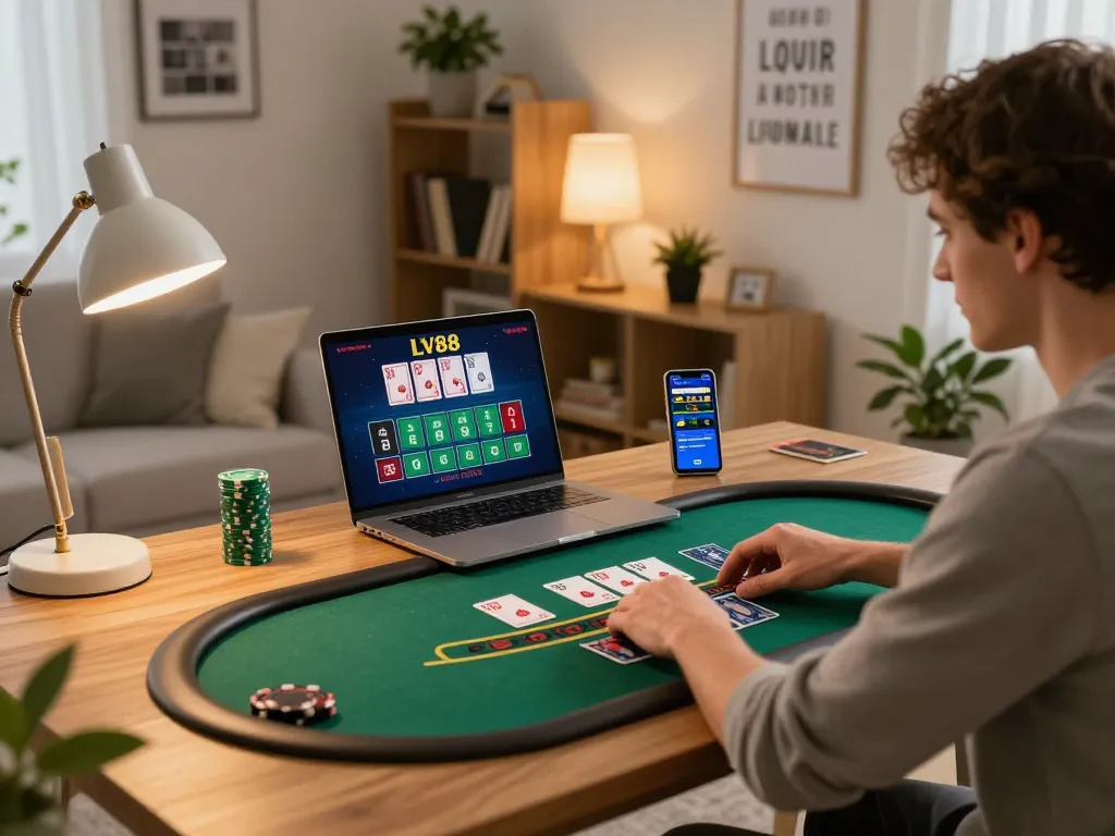 Engaging in a live blackjack game at LV88, showing a dynamic online gambling setup with strategy elements