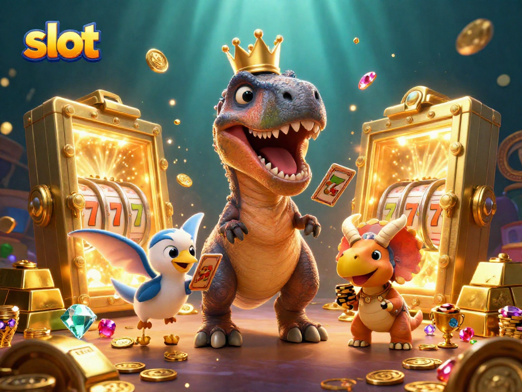 Engage with thrilling slots as characters shuffle cards and stack chips in a vibrant casino scene.