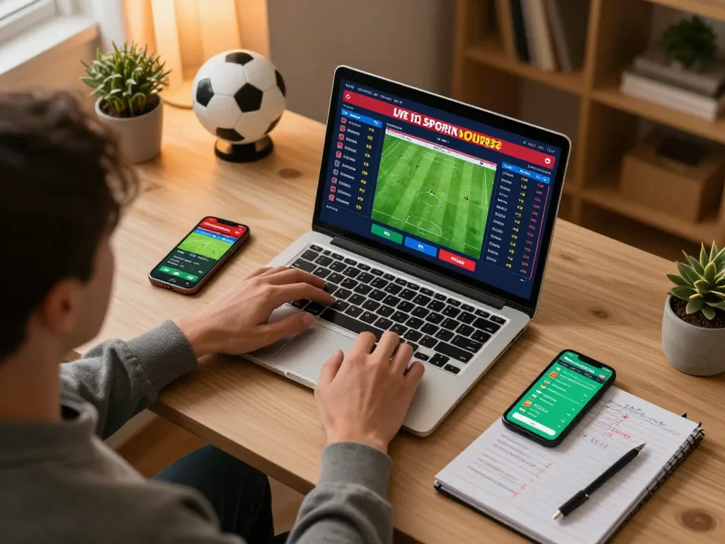 Soi Kèo sports betting setup with a person engaging in live betting on a laptop, showcasing betting strategies.