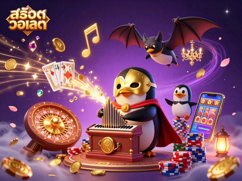 Experience thrilling สล็อตวอเลท action with detailed 3D illustration of colorful characters and casino elements.