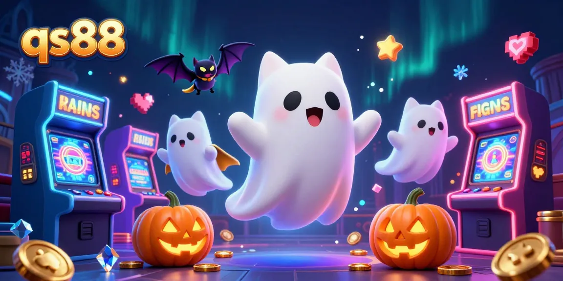 Join the magical world of qs88 as players enjoy thrilling games in a haunted casino with glowing characters and arcade elements.