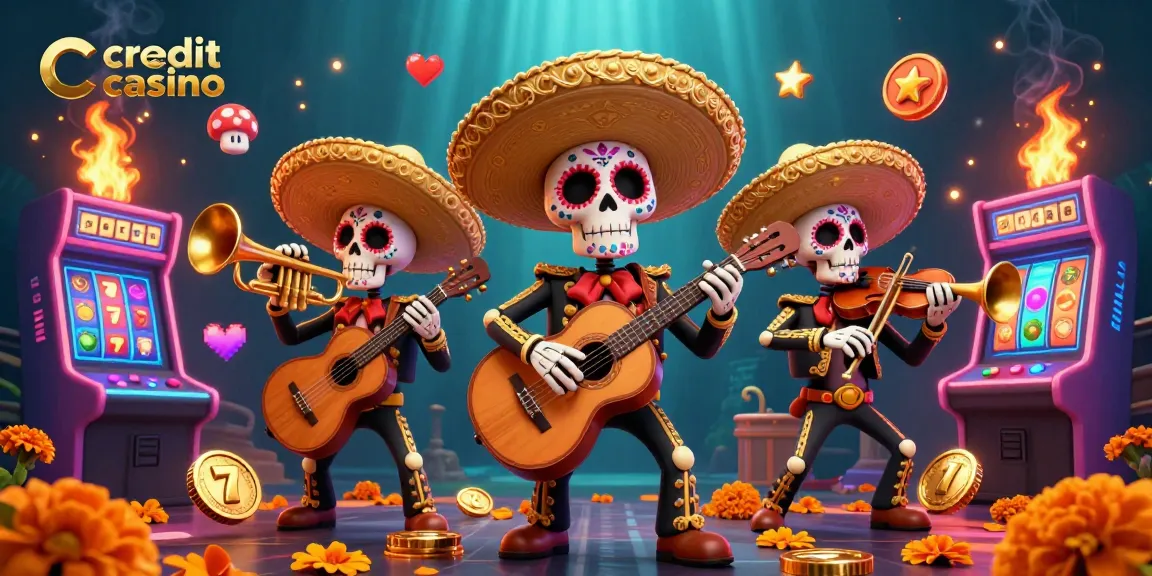 Experience the excitement of a credit card casino with a colorful mariachi band scene, vibrant slot symbols, and dynamic elements.