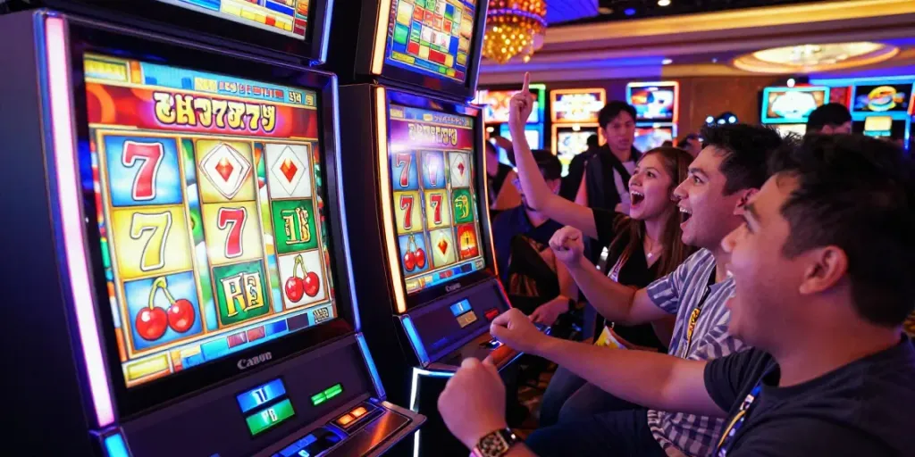 Lucky777 slot machine with players celebrating in a vibrant casino environment.