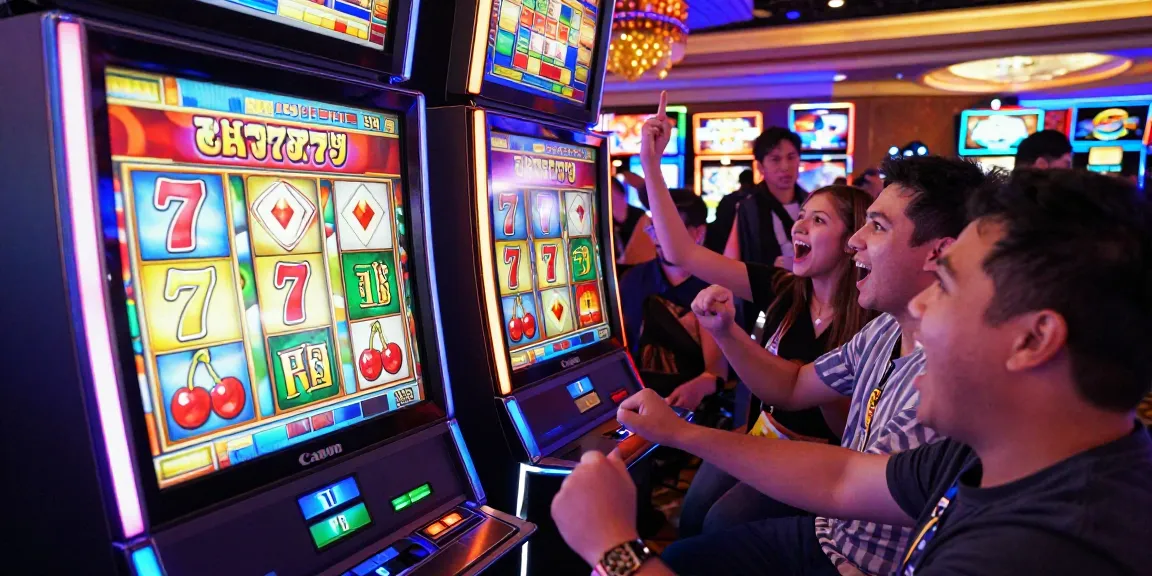 Lucky777 slot machine with players celebrating in a vibrant casino environment.