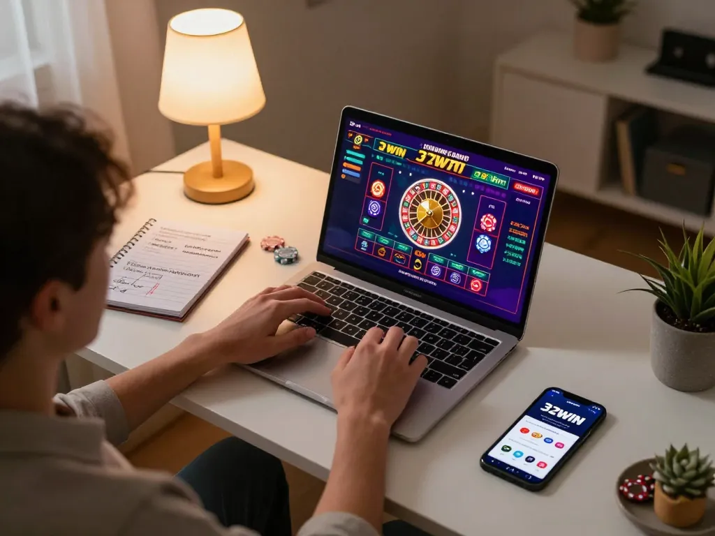 Engaging player enjoying 32win online gaming setup with roulette on laptop.