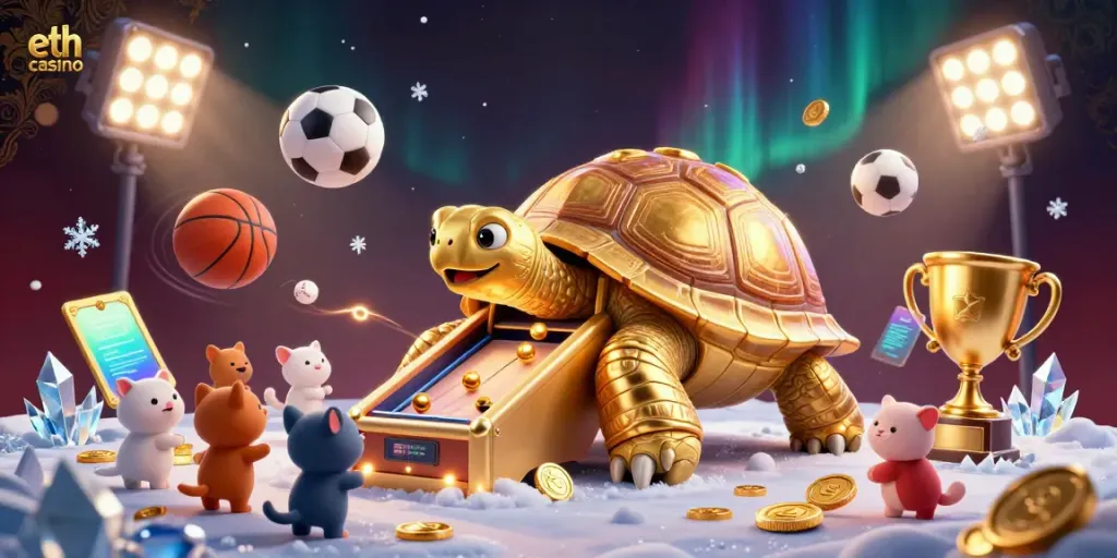Engage with the vibrant atmosphere at eth casino featuring a golden tortoise pinball machine and sports elements.