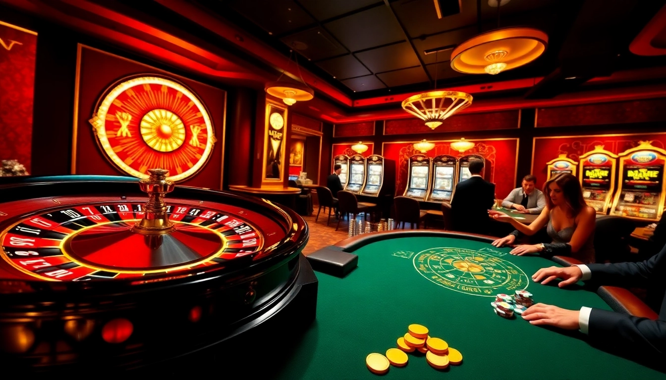 Engage with an online casino homepage filled with poker tables, roulette wheels, and slot machines.