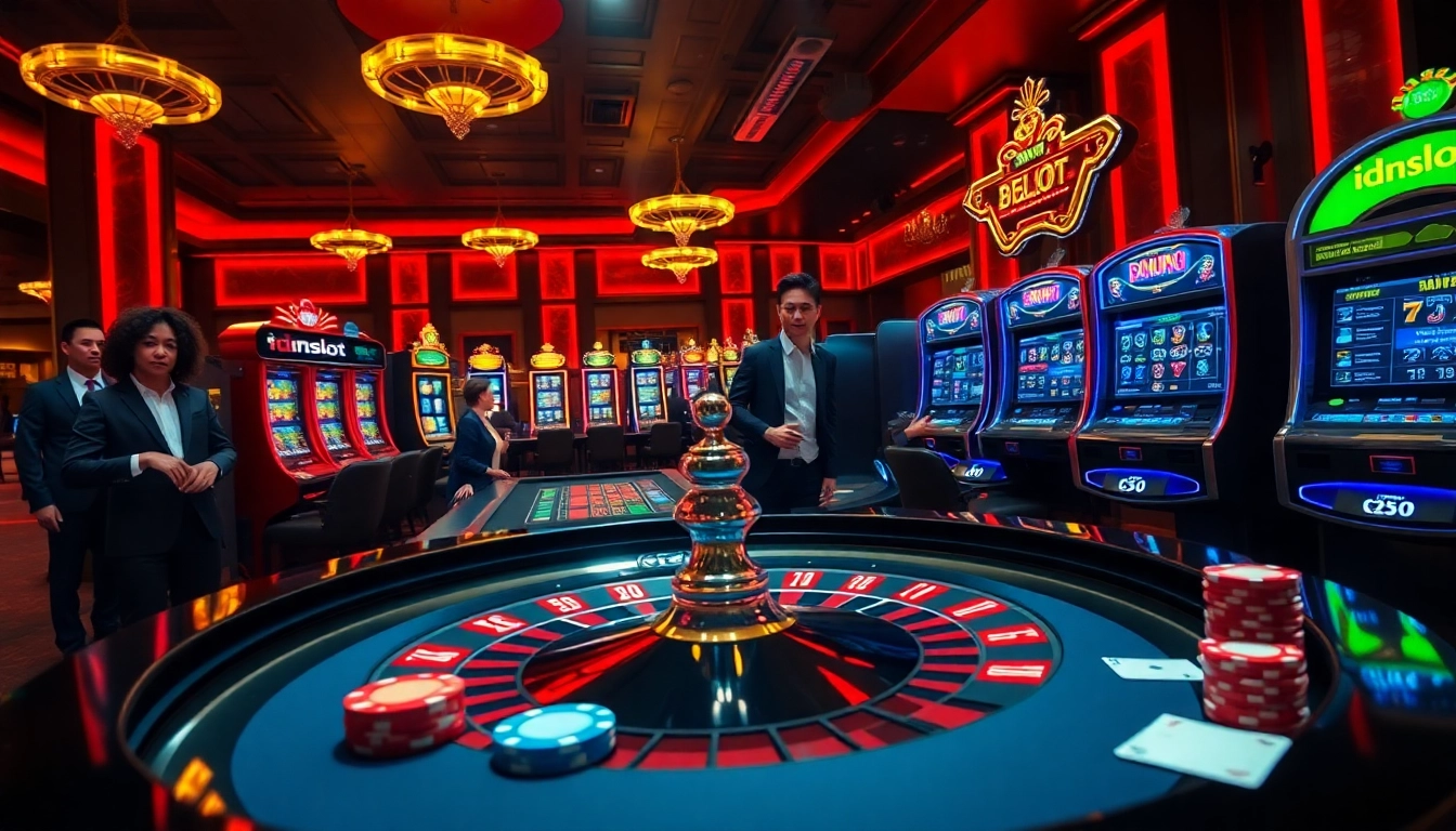Engaging casino scene showcasing idnslot slot machines and excited players betting.