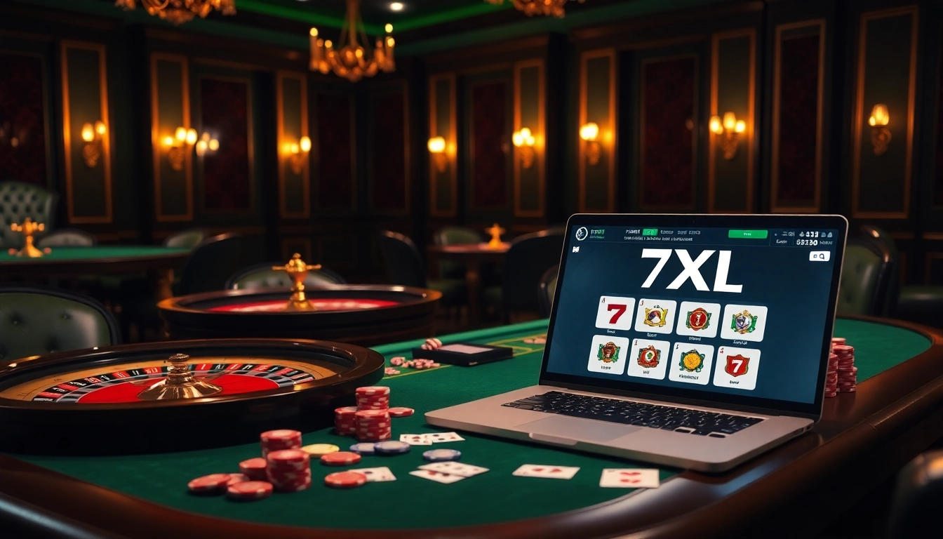 Engage in thrilling gameplay with the 7xl download on your device featuring vibrant poker chips and cards.