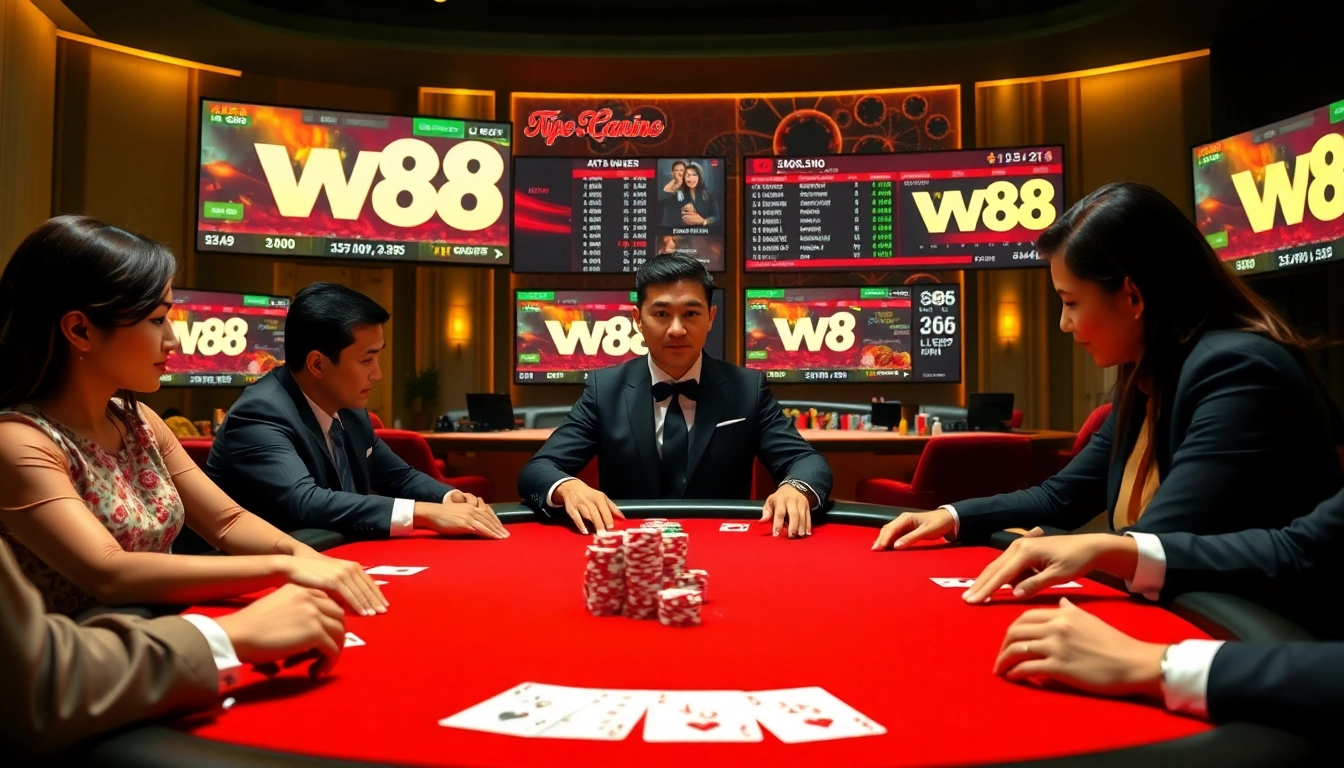Experience the thrill of W88 poker at a luxury casino, featuring vibrant players and colorful chips.
