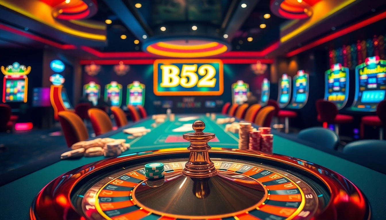 Players enjoying game bài đổi thưởng b52 at an elegant casino table with vibrant colors and excitement.