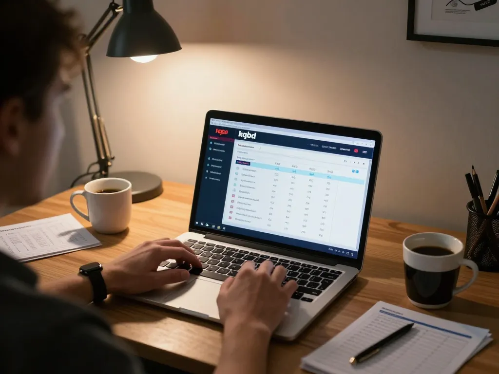 Player engaging with kqbd betting interface on laptop in a cozy home office