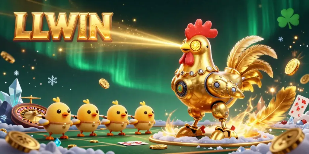 LLWIN showcases a thrilling casino experience with a golden rooster robot and baby chick drones in action.