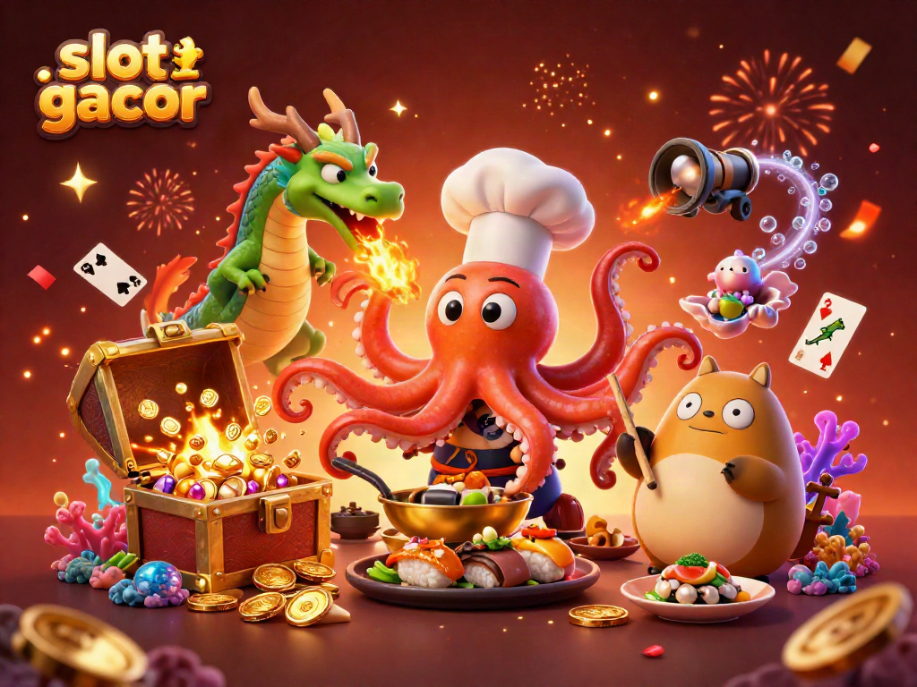 Ilustrasi 3D slot gacor dengan karakter koki octopus, naga, dan pelanggan tanuki yang berinteraksi di setting kasino.