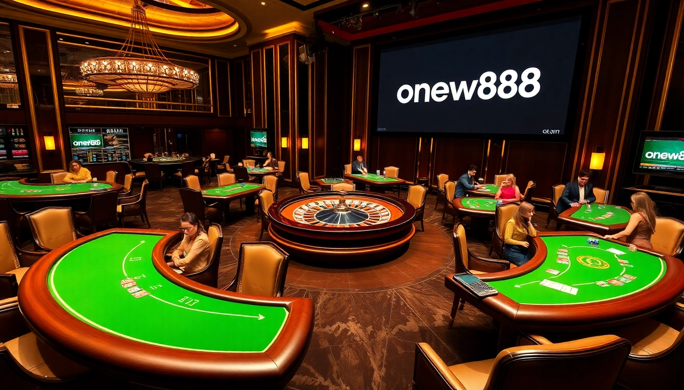 Experience the thrill of gaming at onew88.com with elegant casino tables and vibrant atmosphere.