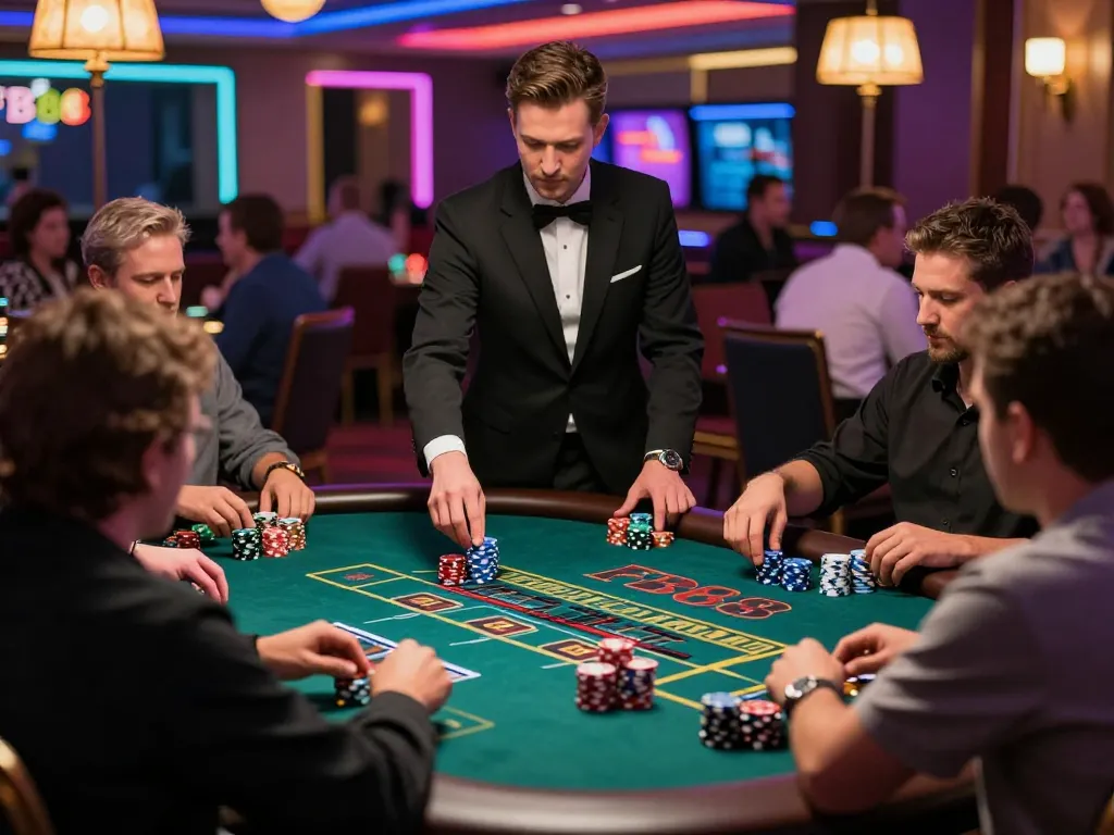 FB88 casino players enjoying a live dealer game, colorful ambient lighting, strategic gameplay atmosphere.
