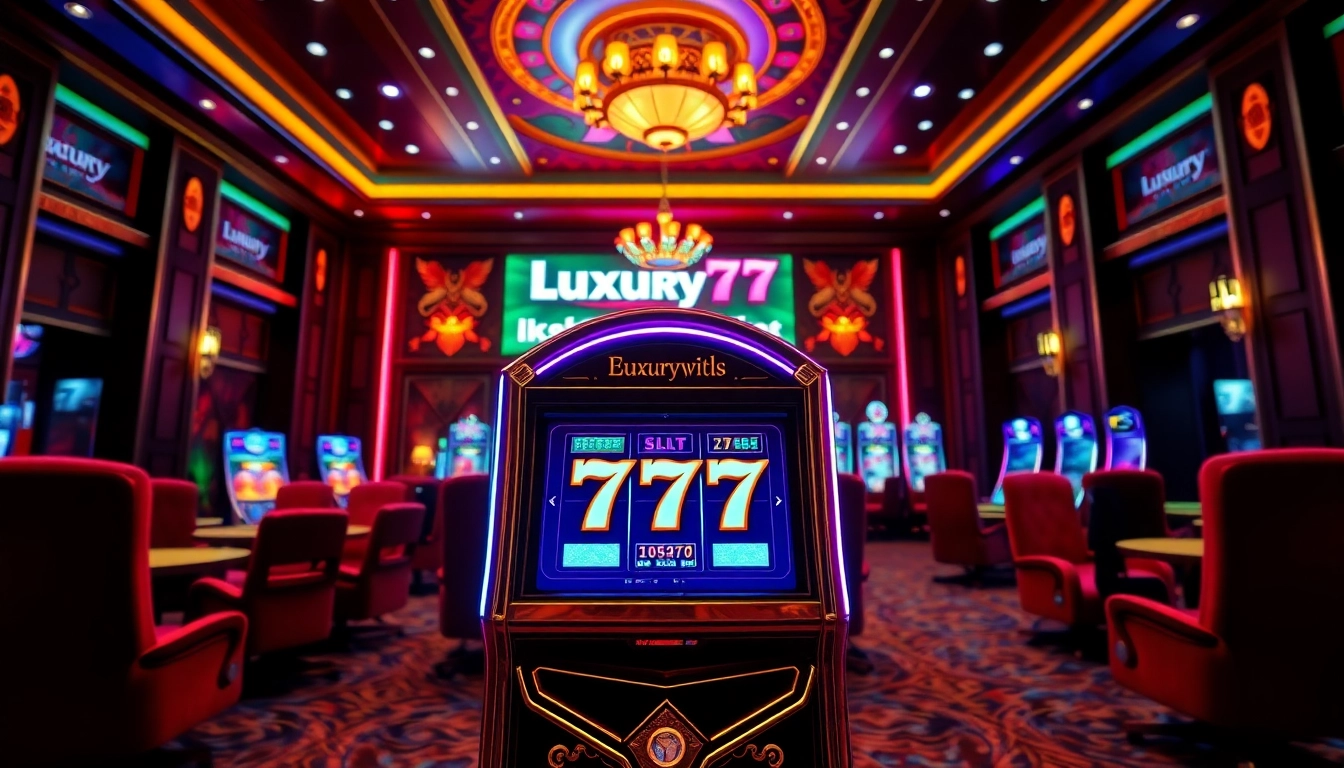 Main focus on luxury777 game slot machine in a vibrant and luxurious casino atmosphere.