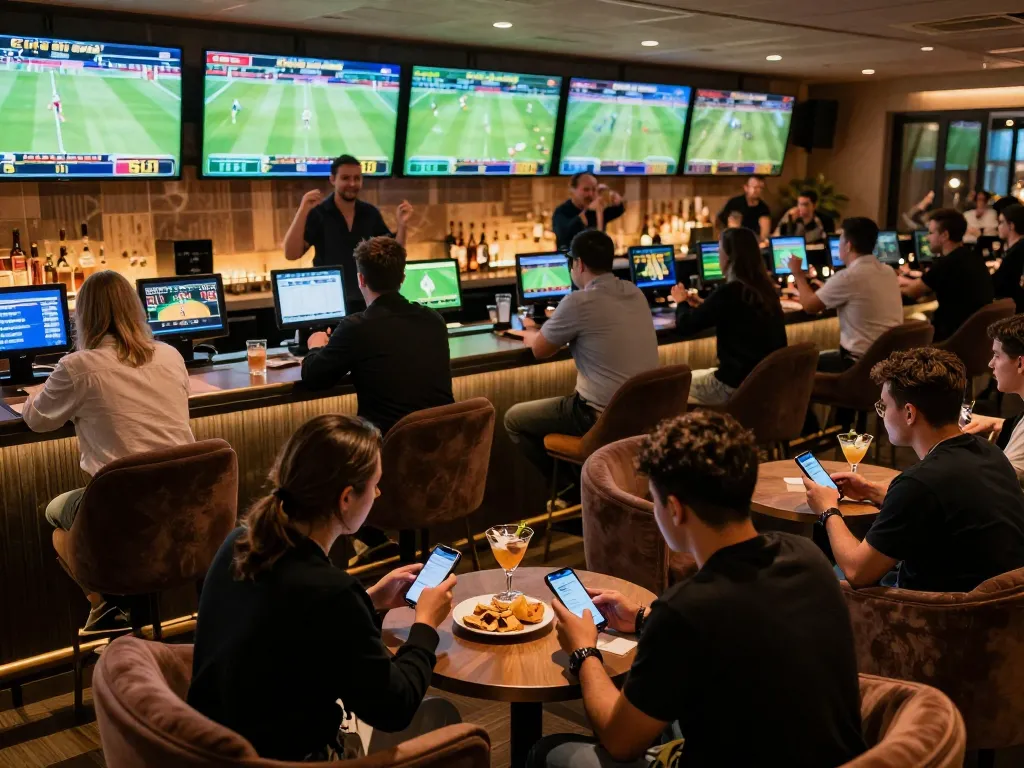 Tỷ lệ kèo nhà cái displayed in an upscale sports betting lounge with excited patrons engaged in gaming.